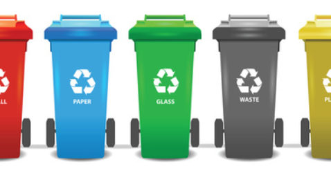 Colorful recycle trash bins isolated white, vector set. Big cont